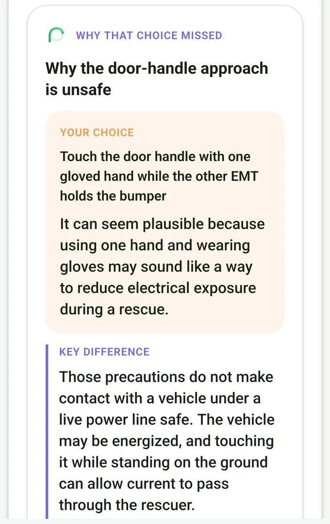 AI Rescue explaining why touching the door handle of a car under a live power line was the wrong choice.