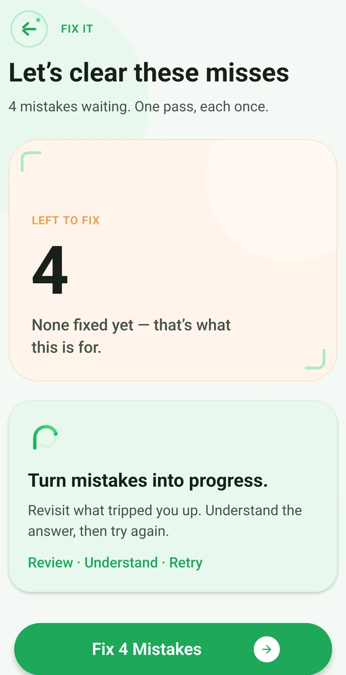 Fix It in the NREMT EMT app with four missed questions left to fix.