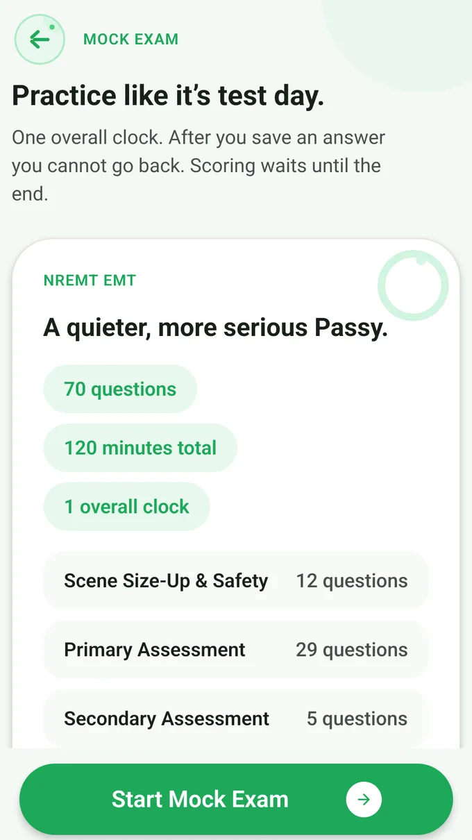 NREMT EMT mock exam start screen: 70 questions, 120 minutes total, one overall clock, and questions per content area.