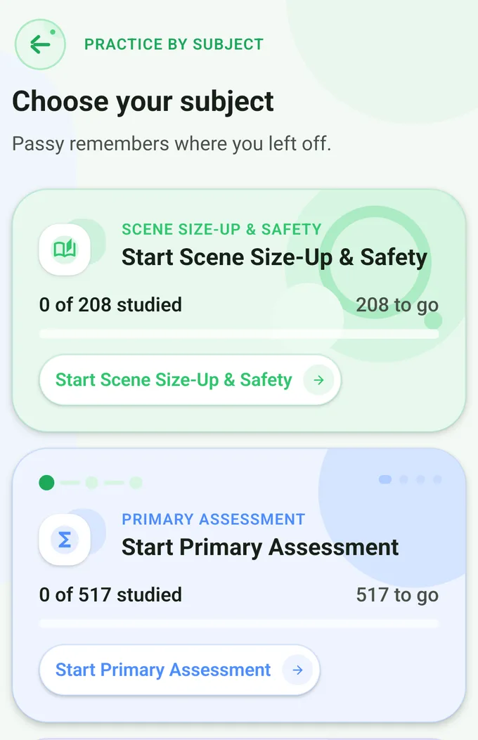 Practice by subject in the NREMT EMT app: Scene Size-Up & Safety with 208 questions and Primary Assessment with 517 questions.