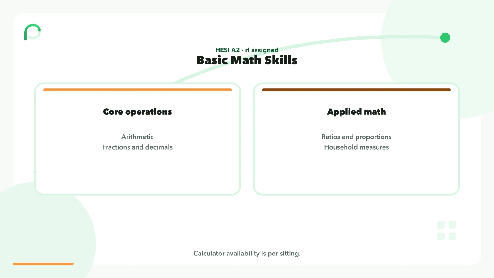 HESI A2 Basic Math Skills covers arithmetic, fractions, decimals, ratios, and household measures when that exam is assigned.